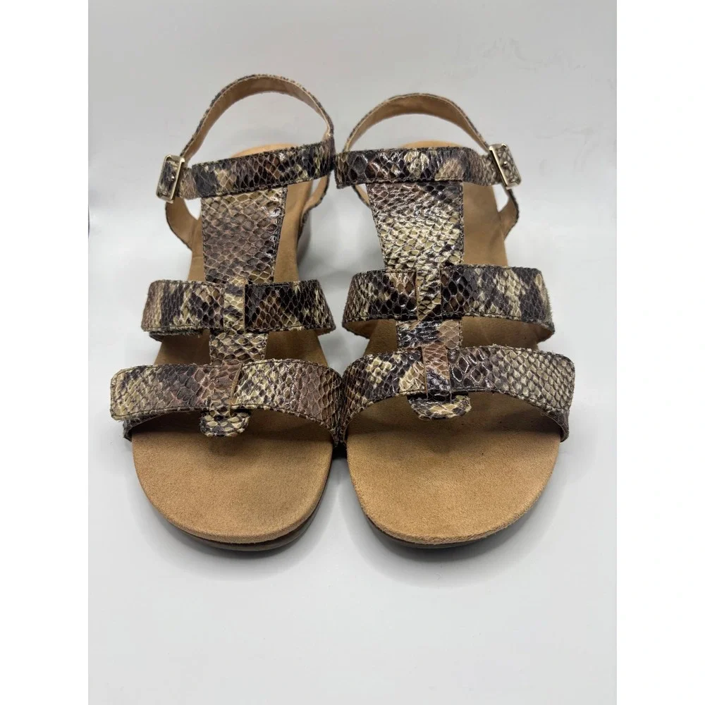 Vionic Snakeskin Strappy Wedge Sandals Brown Animal Print Orthotic Womens 9 Wide